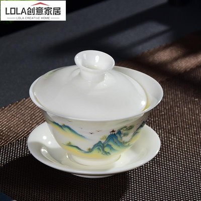 免運-德化羊脂玉瓷單個白瓷蓋碗影青描金陶瓷泡茶碗功夫茶具三才敬茶碗