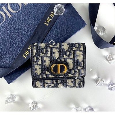Dior 30 Montaigne 蒙田 藍色 緹花 刺繡 三折 4卡 拉練零錢 小短夾 全新 有現貨