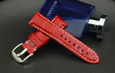 漆皮感紅色22mm收20mm可替代panerai沛納海等原廠錶帶鱷魚皮紋真牛皮錶帶牢靠白色車縫線