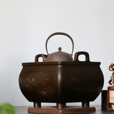 日本銅火缽 火缽 碳爐 金銀鑲嵌 茶具茶道 砂張 銅火缽。四252