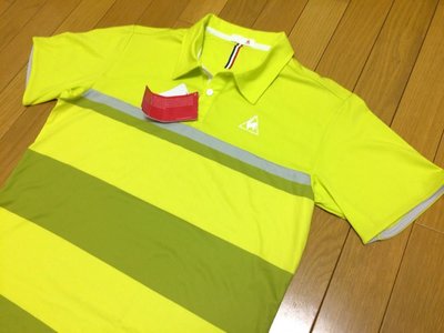 【涉谷GOLF精品】Le Coq Sportif 公雞牌 最新黃色綠橫條紋POLO衫L號 保證真品 歡迎購買