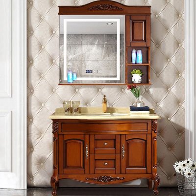 歐式浴室柜橡木實木落地衛生間智能鏡洗漱臺組合大理石洗手盆100