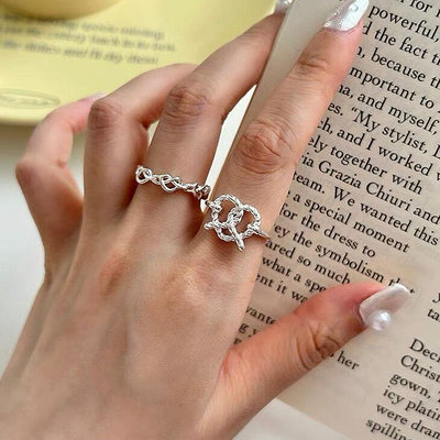 戒指 麻花打結愛心戒指首飾 小眾設計高級感日常簡約感開口戒指飾品 可調整戒圍戒指