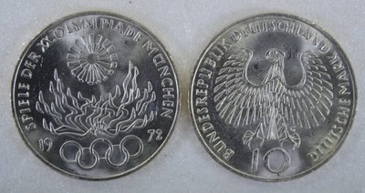 AE329 德國1972年第20屆慕尼黑奧運會10馬克紀念銀幣 G記 15.5g 共2枚壹組 原盒裝