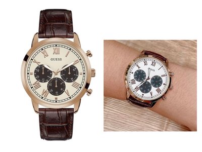 GUESS 玫瑰金色配白色面錶盤 棕色皮革錶帶  羅馬數字 石英 男士手錶 GW0067G3
