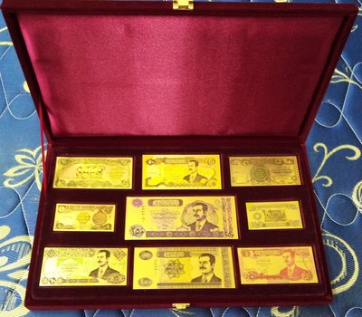 伊拉克海珊時期黃金鈔，贈台鈔61年50元及65年10元各一張