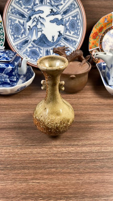日本回流瓷器 信樂燒 粗陶窯變雙耳小花器 復古陶胎小花瓶 花