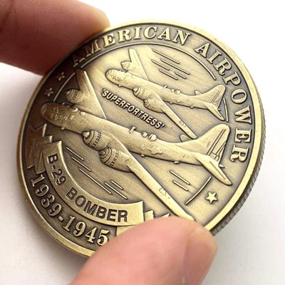 特價！美國B29轟炸機戰斗機飛機鍍青古銅硬幣 空軍截擊機金幣紀念幣