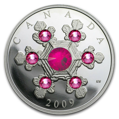 【海寧潮現貨】獲獎幣加拿大2009年雪花鑲嵌紅水晶1盎司銀幣