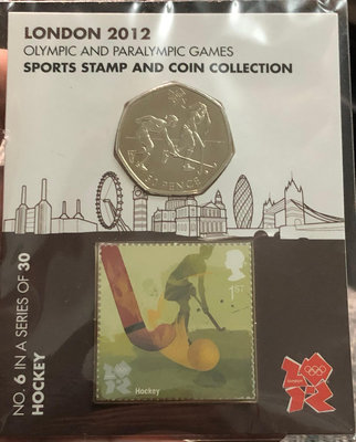 英國2012年倫敦奧運會50便士紀念幣郵票官方卡裝（女子曲棍球）7【金銀元】