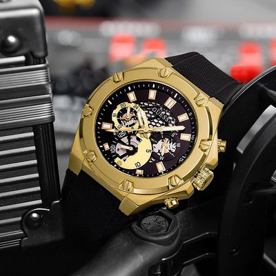 GUESS 蓋斯 男 手錶 精緻 高顏值 黑金 三眼 矽膠 錶帶 鏤空 腕錶 歐美 石英錶