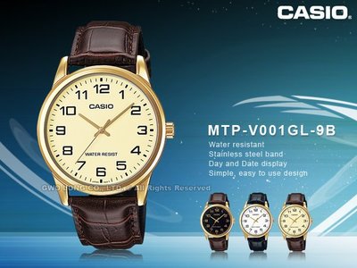 CASIO 卡西歐 手錶專賣店 MTP-V001GL-9B男錶 石英錶 皮革錶帶 防水