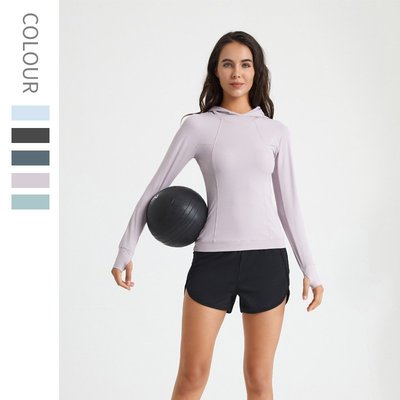 lulu同款連帽瑜伽服女 修身顯瘦戶外跑步長袖運動健身服上衣T恤