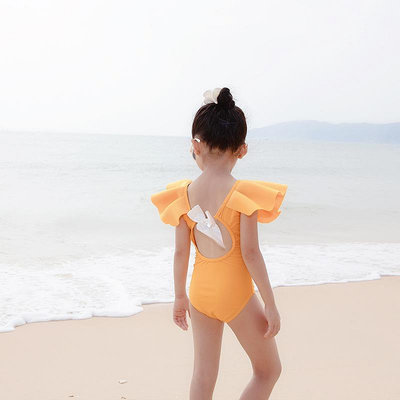 女童泳衣可愛拼色荷葉邊韓國公主INS環扣蝴蝶結小中大童沙灘泳裝