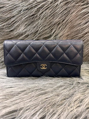 Chanel AP0241 深藍 藍色 荔枝皮 金釦 Coco 長夾 皮夾 錢包