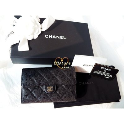 【二手正品】 Chanel香奈兒經典coco信封式三折中夾（黑色荔枝牛皮＋香檳淡金扣）皮夾