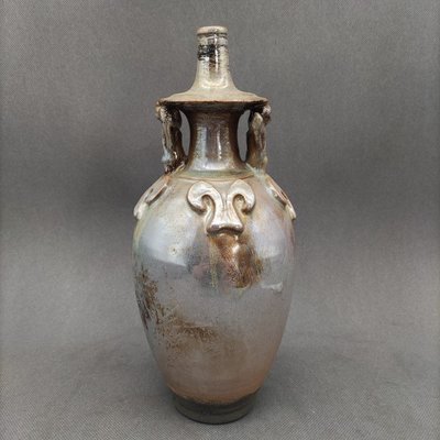 古都珍藏 唐代銀光窯金銀釉堆雕花人物瓶 仿出土文物古瓷器 古玩收藏擺件