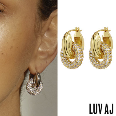 LUV AJ 好萊塢潮牌 金色鑲鑽雙圈耳環 2用式 PAVE INTERLOCK HOOPS