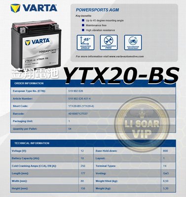 ☼台中苙翔電池►德國 VARTA 重型機車電池 YTX20-BS GTX20-BS FTX20-BS MBTX20U