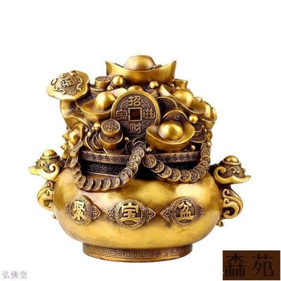 熱銷  黃銅聚寶盆中式客廳家居擺件工藝品黃銅元寶聚寶盆擺設 B18808