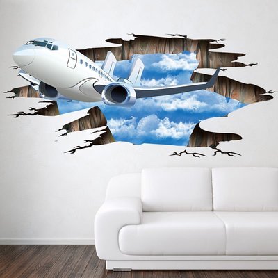 下殺-新款3D立體墻貼藍天白云飛機破墻 辦公室背景立體地貼裝飾墻壁貼