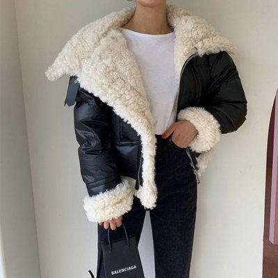 PapaDarling 22SS 秋冬新款 時尚短款 90%白鴨絨寬鬆 羊羔毛 外套