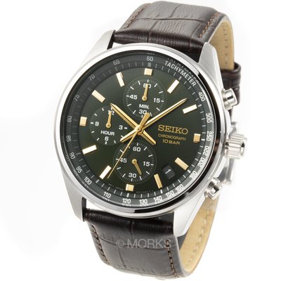 SEIKO SSB385P1 精工錶 42mm 綠色面盤 三眼計時 日期視窗 棕色皮錶帶 男錶女錶