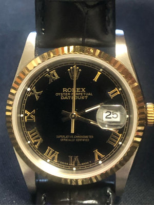 特價 二手港錶 港勞 勞力士 Rolex 機械錶 古董錶 DateJust 16233  黑羅馬面盤 皮帶款 包K金外圈龍頭 錶徑36mm
