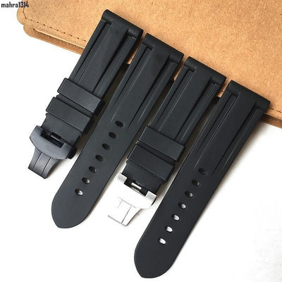 （百搭錶帶）柔軟橡膠錶帶代用沛納海 PAM111 441 矽膠腕帶黑色蝴蝶扣 24 26mm