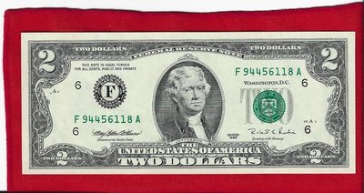 （嚕嚕咪）1995年版美金2元(Dollars)紙鈔1張----上品