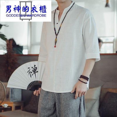 棉麻T恤短袖 21夏季新款男装中国风复古透气汉服薄款亚麻体恤衫男-男神的衣櫃