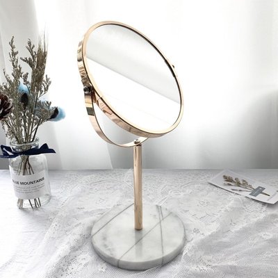 桌鏡北歐ins天然大理石梳妝鏡臺式桌面化妝鏡金屬雙面鏡子美容鏡擺件