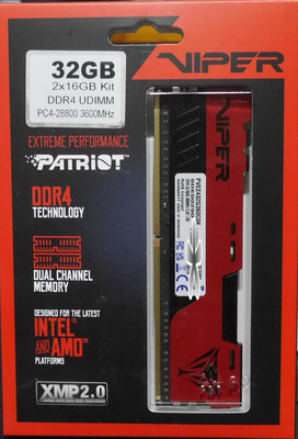 全新品/美商博蒂Patriot Viper DDR4-3600 32G(16GBx2)超頻記憶體/CL20