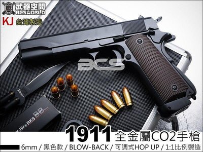 【WKT】KJ 1911 CO2手槍 黑色 全金屬 滑套可動 可後定 可調式HOP UP -KJCS1911B