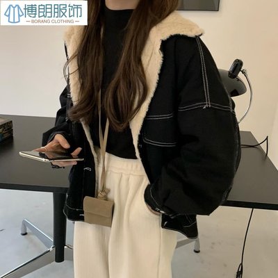 翻領牛仔外套秋冬寬鬆韓版休閒工裝棉服女ins港風韓版機車外套厚外套冬季新款韓版百搭款連帽加厚夾棉麵包外套克飛行外套-博朗服飾