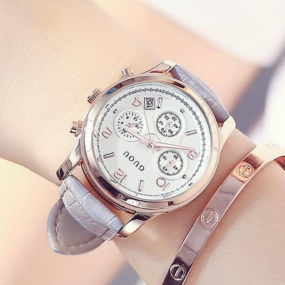 GUOU 8175 古歐香港古歐女士手錶三眼多功能皮帶經典復古休閒石英手錶女腕表