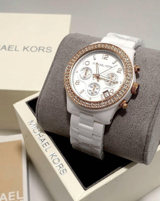 MICHAEL KORS Runway 玫瑰金色款 晶鑽圈 白色錶盤 白色陶瓷錶帶 石英 三眼計時 女士手錶 MK5269