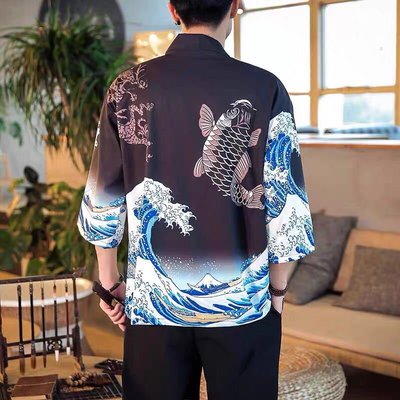 男T恤 襯衫男日系和服男女情侶開衫防曬薄外套和風浮世繪道袍潮漢服中國風披風