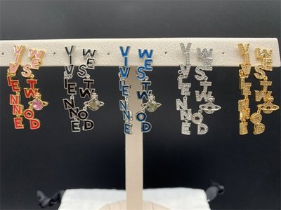 現貨熱銷-Vivienne Westwood 金銀滿鉆長條字母烤漆鑲鉆土星耳環網紅