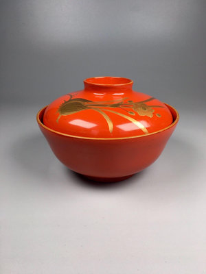 日本回流 ：昭和早期金蒔繪木胎大漆蓋碗 ，實木胎天然大漆，10732