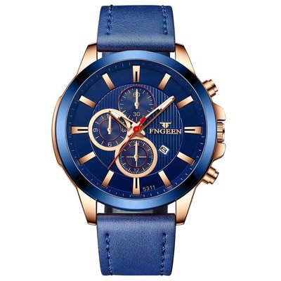 手錶芬尊/FNGEEN新款男士手表商務皮帶表日歷男表藍色六針石英表