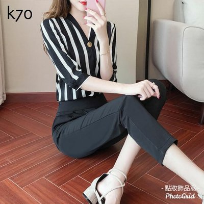 k70 黑白直條紋襯衫套裝 XL碼 一粒扣v領襯衫 西裝褲側邊拉鍊