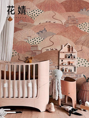 手繪童山兒童房墻布定制壁畫北歐風格小鎮臥室床頭背景墻創意壁紙