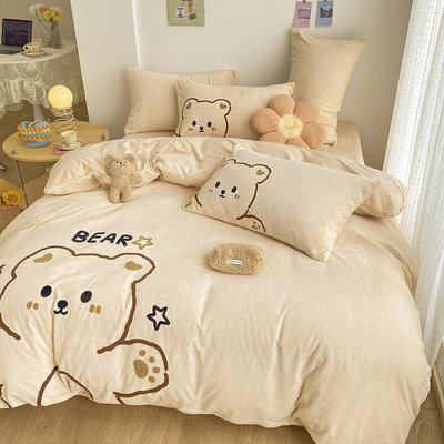 床包新款200g牛奶絨立體毛巾繡套件 床單款床上用品卡通小熊可愛風