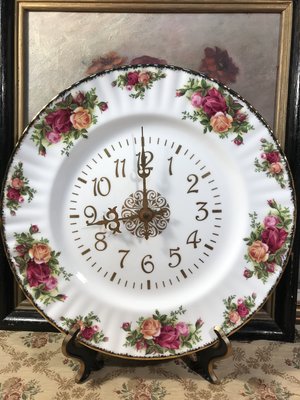 歐洲古物時尚雜貨 英國 時鐘瓷盤 花卉圖案 瓷盤畫 時鐘會動 擺飾品 古董收藏