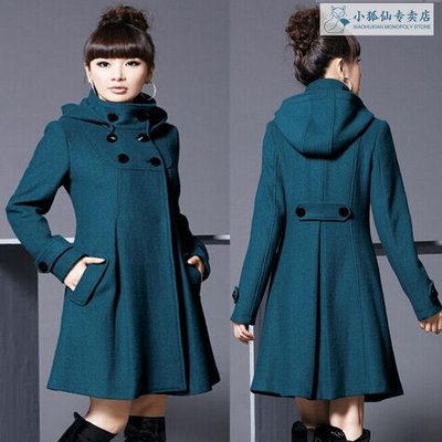 女式羊毛混紡風衣韓國雙排扣連帽修身版型羊毛大衣外套派克大衣
