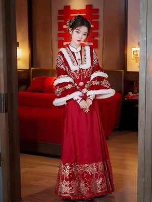 新中式國風女裝結婚漢服服敬酒服訂婚紅色夾棉棉服外套馬面裙套裝天秤百貨