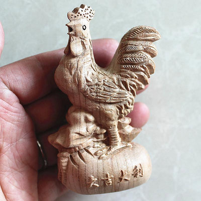 金雞接福桃木公雞小擺件木雕雞實木手把件擺飾金雞啼鳴桃木雞擺件