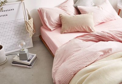 #S.S 日本品牌2018新款良品 粉白條紋 水洗棉純棉材質雙人床包單人床包組 棉被床罩寢具 ikea 無印
