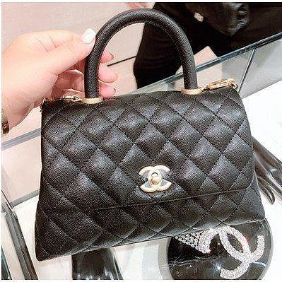 CHANEL 小牛皮荔枝紋 黑色 金釦鏈 Small Coco Handle Bag 斜背包